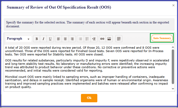 AI-augmented summary for an APQR section