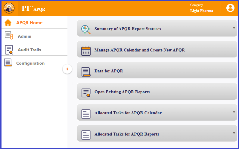 Light Pharma APQR home dashboard with status summary and APQR calendar
